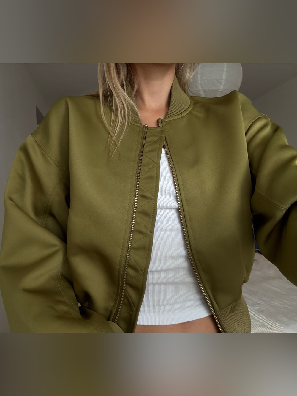 Olive Green Cropped Bomber Jacket - Women's Lightweight Zip-Up